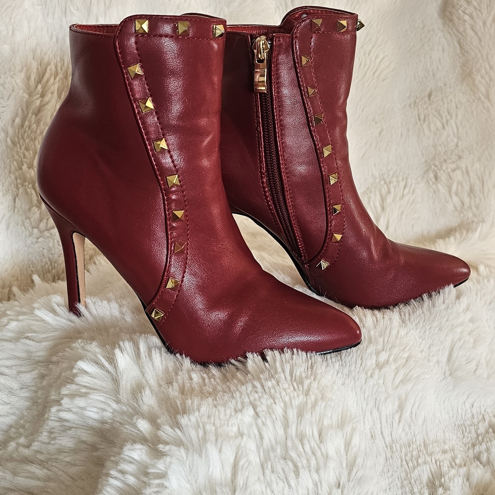 Nicole Miller Red Heeled Boots with Gold Studs